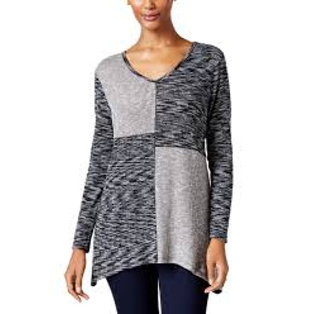 🪶 Style & Co Blue Colorblock Sharkbite Knit Tunic Top Large ~ Cozycore Artsy